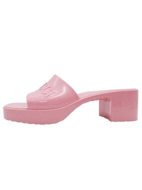 Gucci Embossed Logo Rubber Slide Sandals Chunky Heels Mules Shoes 37 Pink